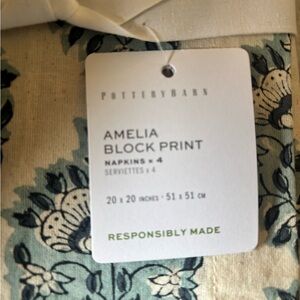 Pottery Barn Floral Block Print Napkins in Blue and Cream